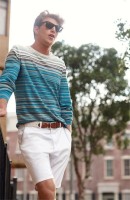 men's striped sweater and white shorts