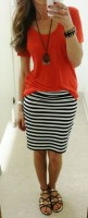 striped skirt and red tshirt