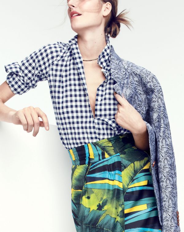 jungle print skirt with checked blouse and palm tree jacket J Crew