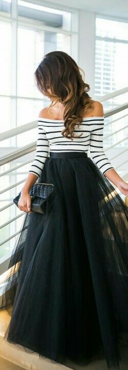 off the shoulder striped top with tulle skirt