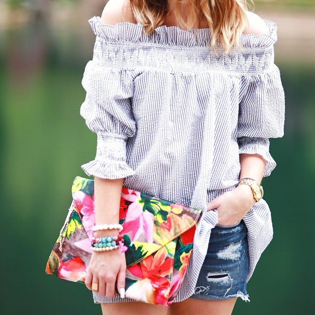 off the shoulder top with denim shorts