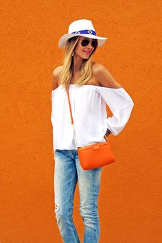 off the shoulder white top with denim