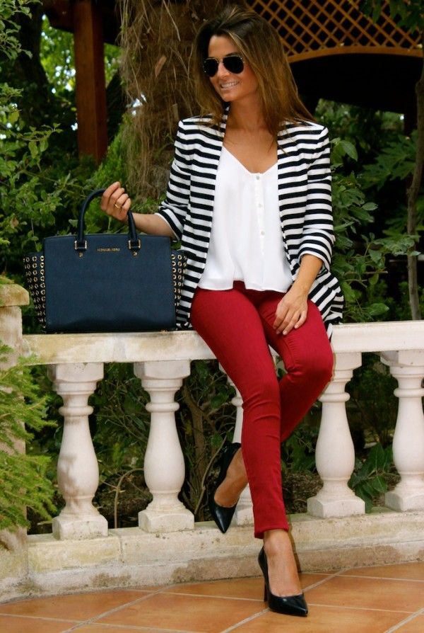 50 plus fashion striped jacket and red pants