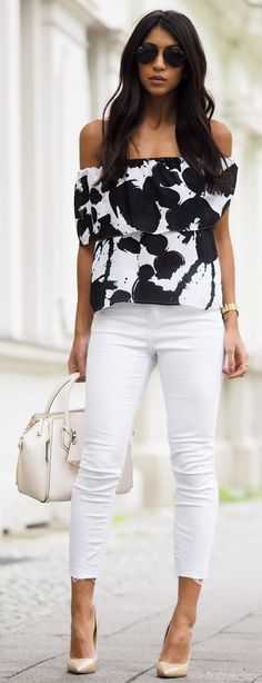 wardrobe essential black and white top with white denim
