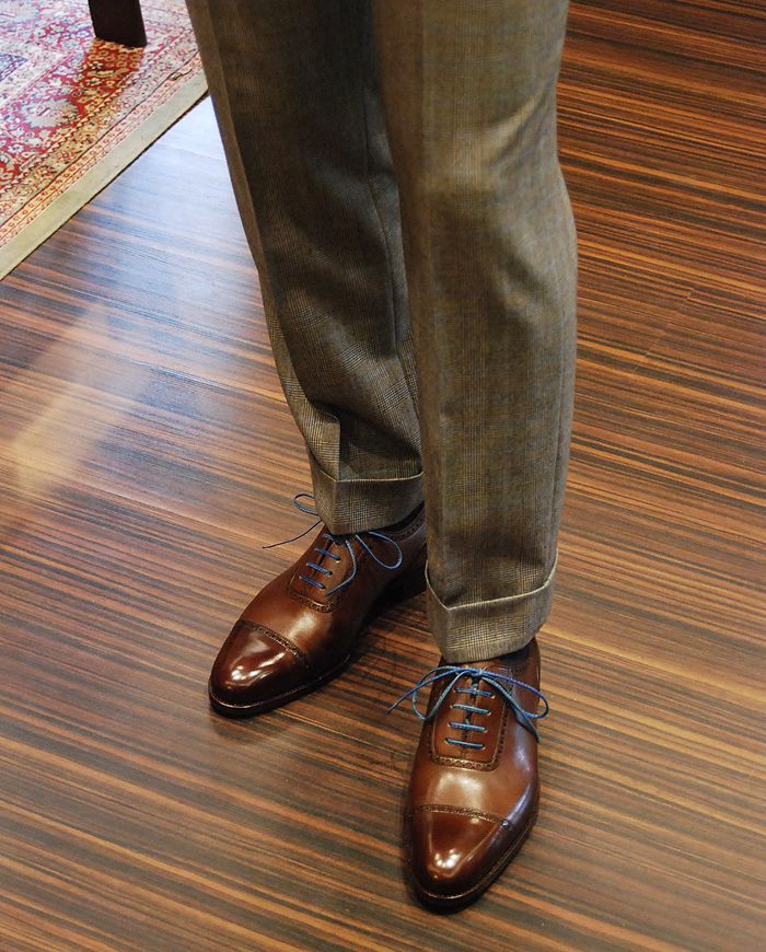 men's fall look tweed pants and blue lace oxfords