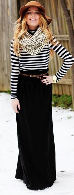 fall outfit black maxi skirt and striped top