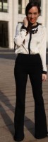 flared jeans black with cream blouse