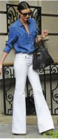 flared jeans in white with blue blouse