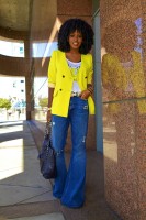 flared jeans with yellow jacket