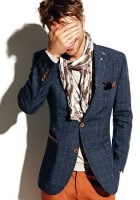 men's fall layers tweed jacket with burnt orange pants and scarf