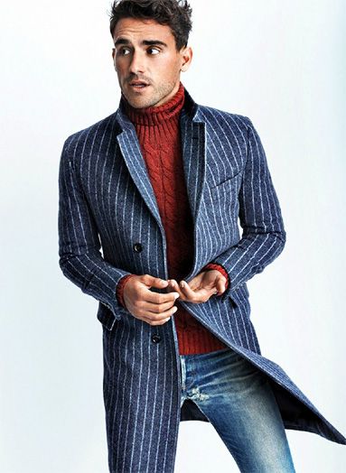 Men...What to wear to turn heads, denin, striped overcoat, turtleneck sweater
