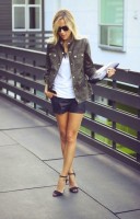 military jacket and leather shorts