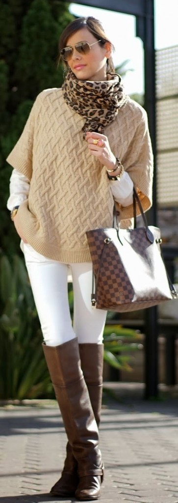 off white leggings and tauper sweater with animal print scarf