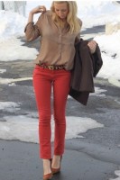 casual chic colored denim and nude blouse