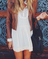 casual chic leather jacket and white lace dress