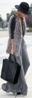 gray maxi skirt and fur vest