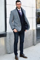men's effortless stylish denim with navy and then gray coat