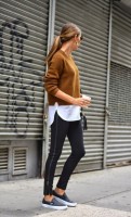 workout gear caramel sweater and leather leggings