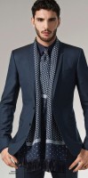 men's draped scarf with navy suit and print scarf