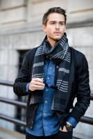 men's wrap around scarf in plaid with denim shirt