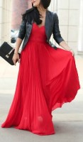 Valentine's Day maxi dress in red with black leather jacket