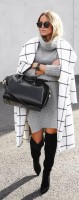 black and white checked coat and gray dress