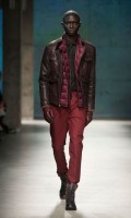 men's brown leather coat and burgundy vest and pants