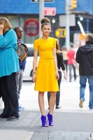 de-winterize closet for spring. orange dress, blue open toe boots