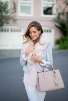 de-winterize your closet for spring. white jeans, striped blazer, scarf.