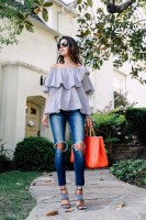 Spring Colors Brighten Looks, off the shoulder gray top, jeans, orange satchel