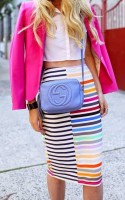 Spring Colors Brighten Looks, print striped skirt and fuchsia blazer