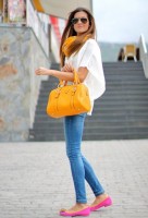 Spring Colors Brighten Looks, jeans, white tee, orange purse, pink flats