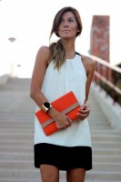 Spring Colors Brighten Looks, white and black dress, orange purse