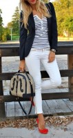 Spring's Stylish Updates, women's white jeans striped top navy blazer