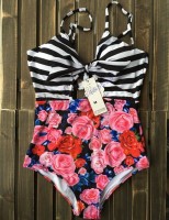 Chic One-Piece Swimsuits, striped top with floral bottom swimsuit