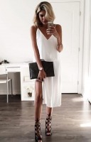 white midi dress with black gladiators