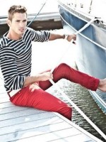 Nauti Nautical Style, men's red casual pants, navy and white striped sweater