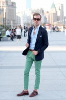 Top 5 Men's Summer Shoes, men's green pants, navy blazer and monk straps