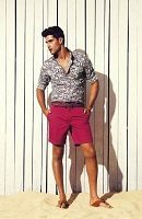 men's floral button down shirt and berry shorts 200