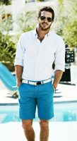 men's turquoise shorts and white button down