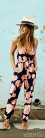 Nauti Nautical Style, women's navy floral jumpsuit with fedora