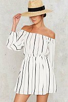 Nauti Nautical Style, off the shoulder black and white striped dress 