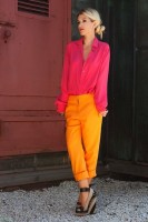 Espadrilles Summer 2016 Shoe, pink long sleeve blouse, orange cuffed pants and striped espadrilles
