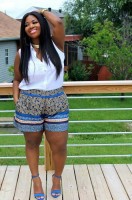 Flattering Shorts Body Type, plus size print shorts and white blouse