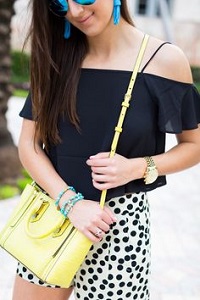 Stylish New Looks Beat Heat, black cold shoulder top, polka dot dress shorts, yellow purse