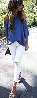 blue off the shoulder top and white distressed ankle length denim