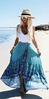 blue print maxi skirt and white tank top with fedora 