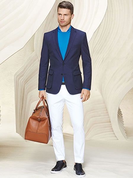 men's travel outfit white pants, navy blazer, blue sweater