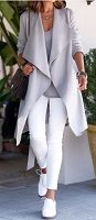 Foolproof tips trendy airport style-white pants, long gray over-sized cardigan 