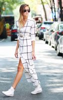 white and black plaid maxi dress with belt and coverse high tops